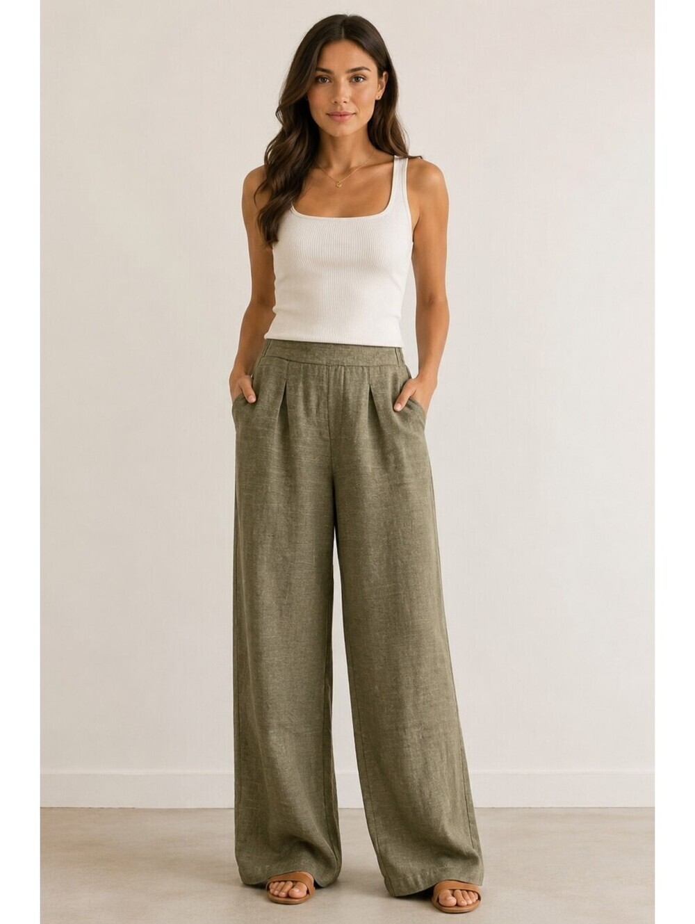 Ella Moss Olive Linen Blend Wide Leg Pull On Pants S Casual Elastic Waist